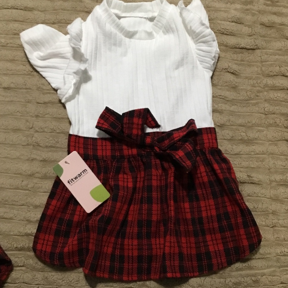 Fitwarm White Ribbed Top with Red Plaid Pet Dress, size L.